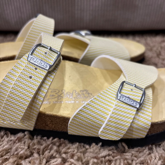 Birki's by Birkenstock Aziza Yellow & White Stripes Double Strap Slides Sandals - Picture 8 of 13